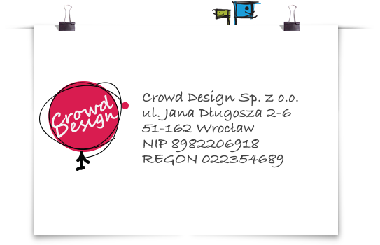 Graficzna wizytówka firmy Crowd Design wraz z danymi firmy